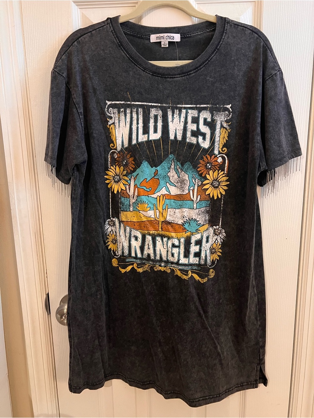 NWT Mimi Chica Wild West Wrangler Western Fringe Graphic Tee Dress